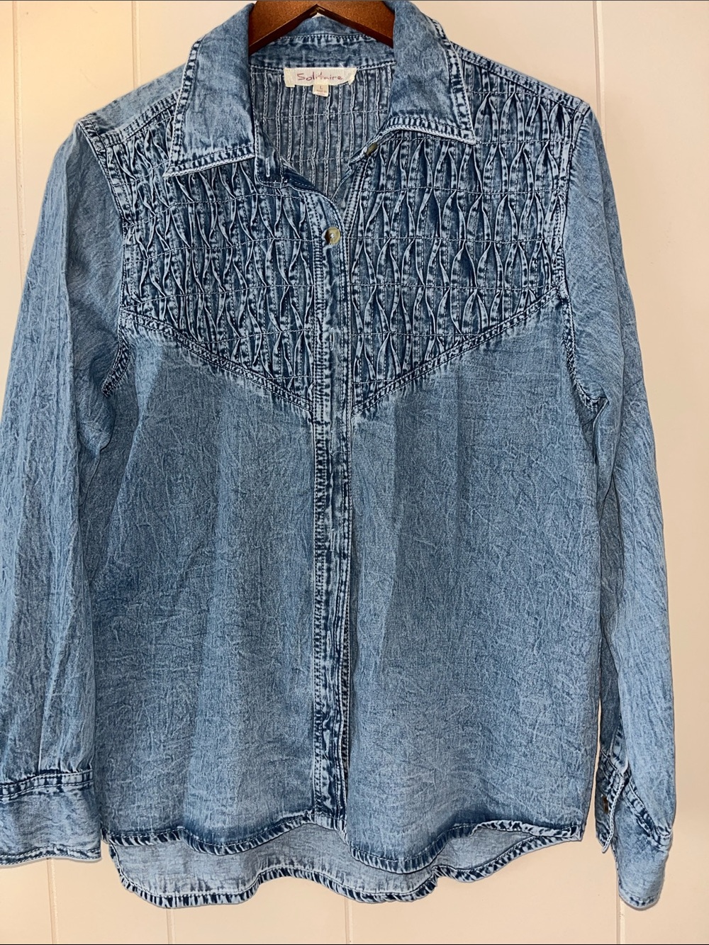 Solitaire Light Blue Denim Button-Up Shirt with Smocked Yoke